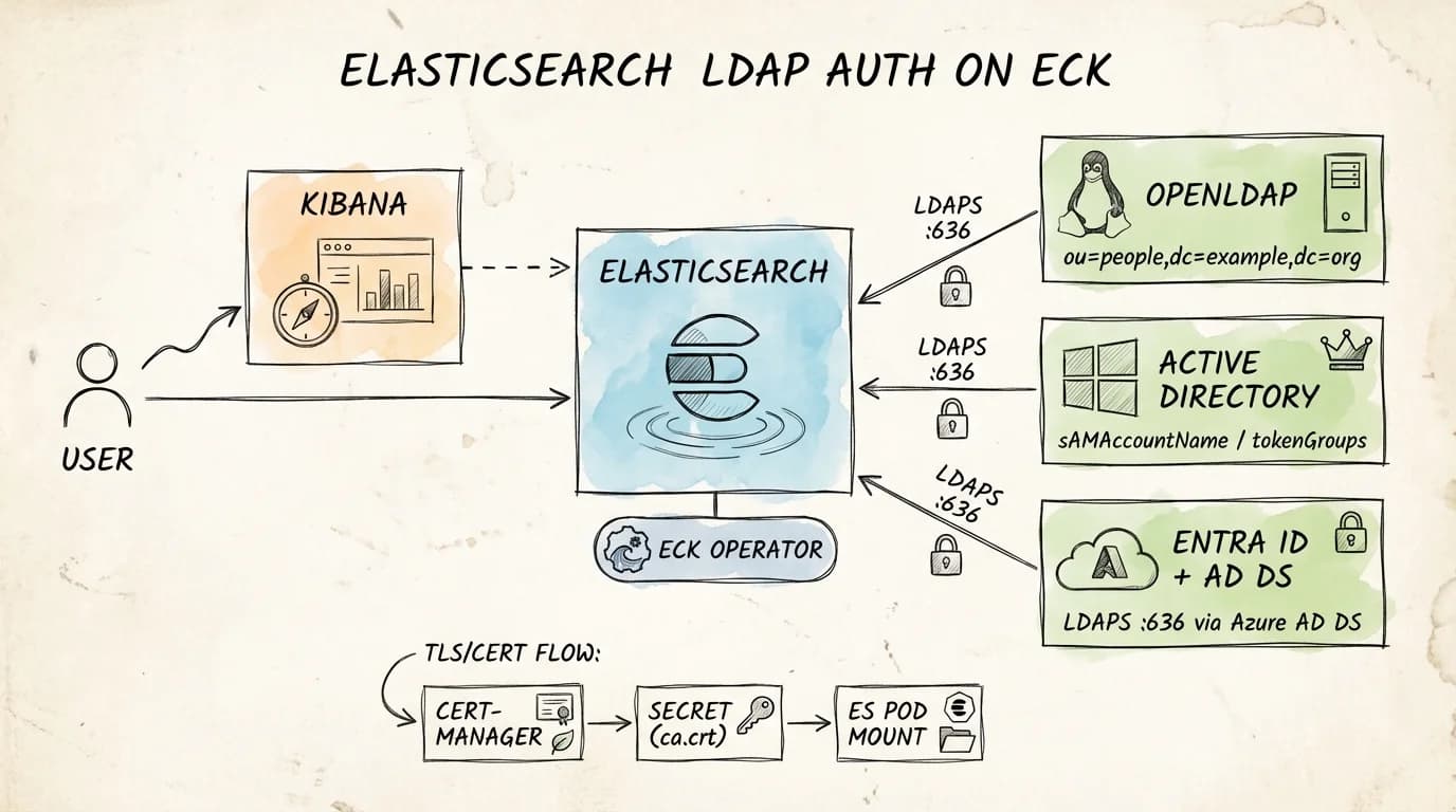 Hand-drawn architecture diagram showing Elasticsearch LDAP authentication flow with OpenLDAP, Active Directory, and Entra ID on ECK