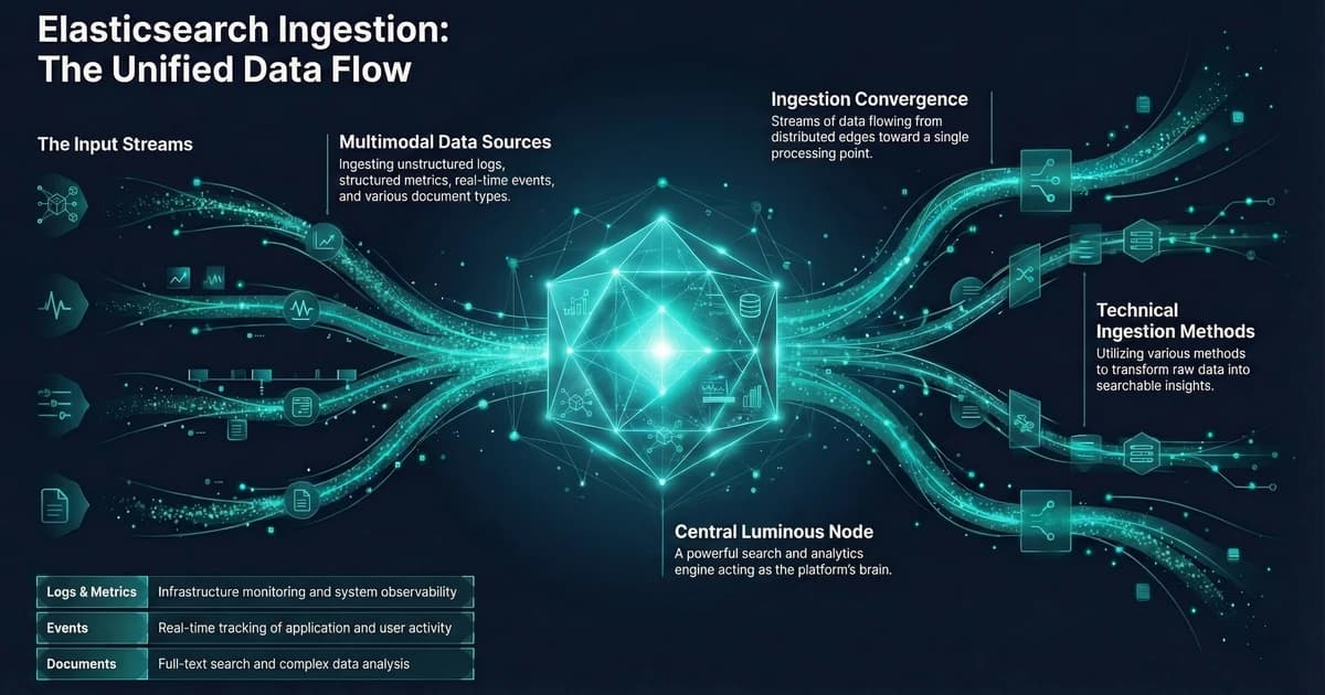 Abstract data visualization showing glowing teal particle streams converging into a central node, representing Elasticsearch data ingestion pipelines