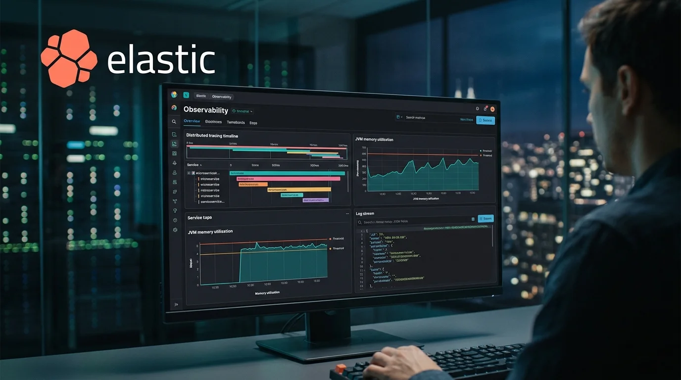 Engineer viewing Elastic Observability dashboard with distributed tracing timeline, JVM memory chart, and log stream on a dark monitor with Elastic logo visible